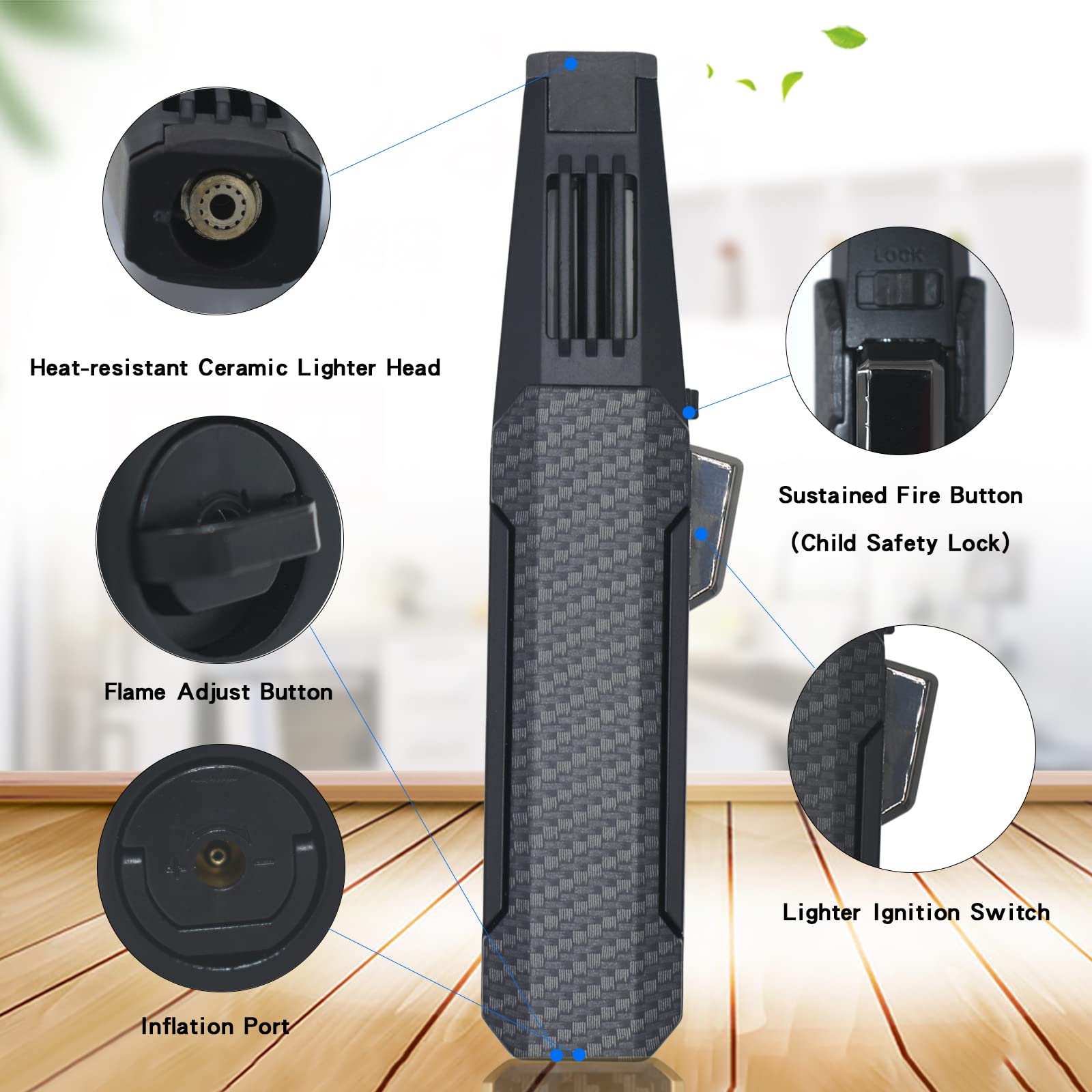 DOUBFIVSY Butane Torch Lighter jet flame close-up highlights high heat output for precise caramelizing.