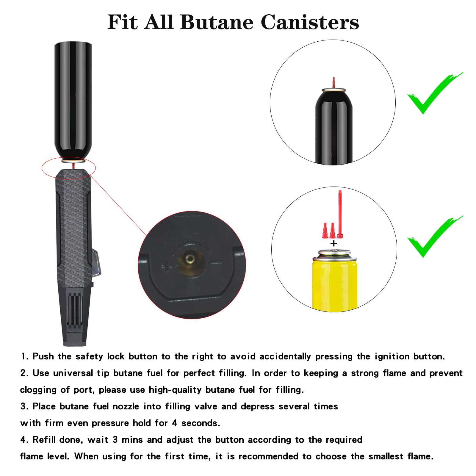 DOUBFIVSY Butane Torch Lighter nozzle closeup shows ceramic nozzle and cooling holes for durability.