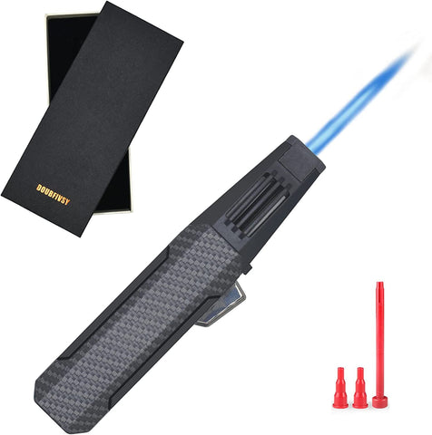 DOUBFIVSY Butane Torch Lighter side view emphasizes durable zinc alloy body for easy handling.
