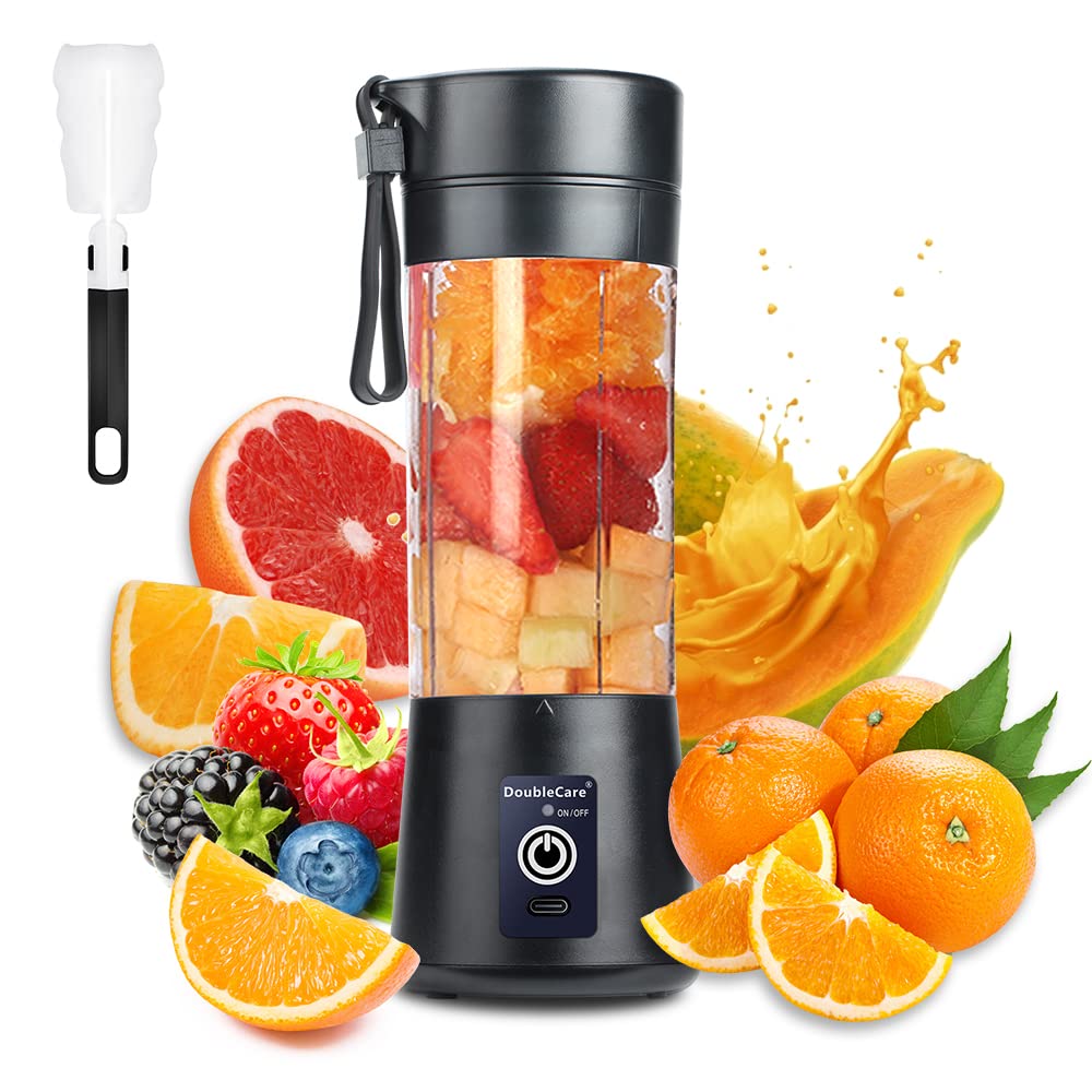 DoubleCare portable blender cup 380ml, black, ideal for on-the-go smoothies.