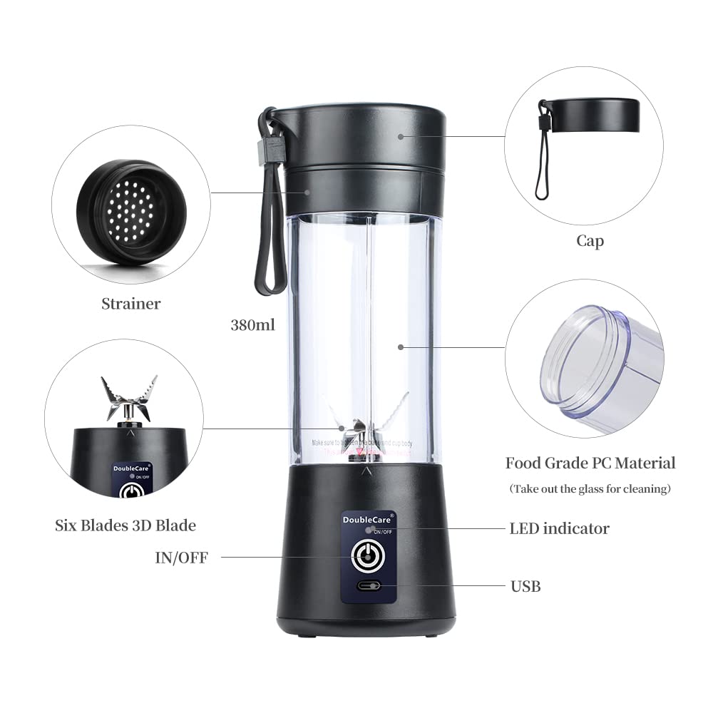 DoubleCare portable blender cup with six blades for smooth blends anywhere.