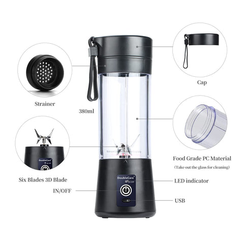 DoubleCare portable blender cup with six blades for smooth blends anywhere.