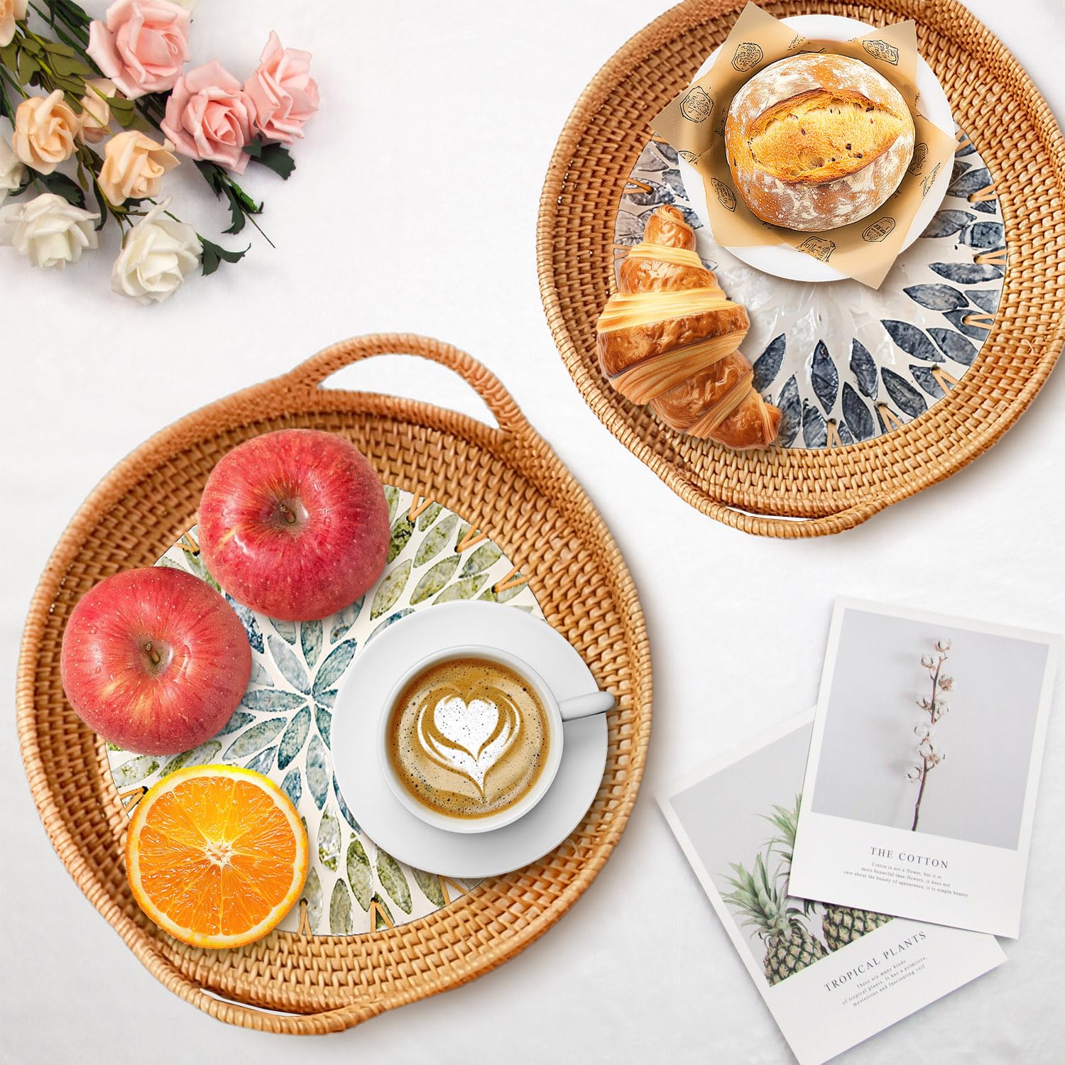 Double Gift handwoven rattan tray with candles for mood lighting.