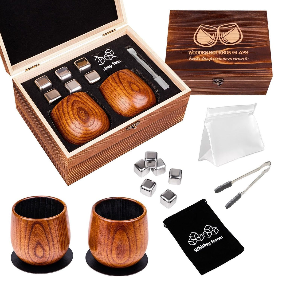 DouMmantn charred wooden whiskey glasses set for refined bourbon tastings.