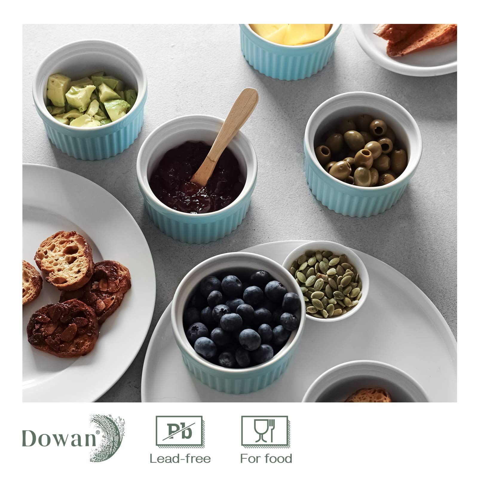 DOWAN 10 oz blue ramekin, dishwasher-safe and freezer-friendly for easy prep and storage.