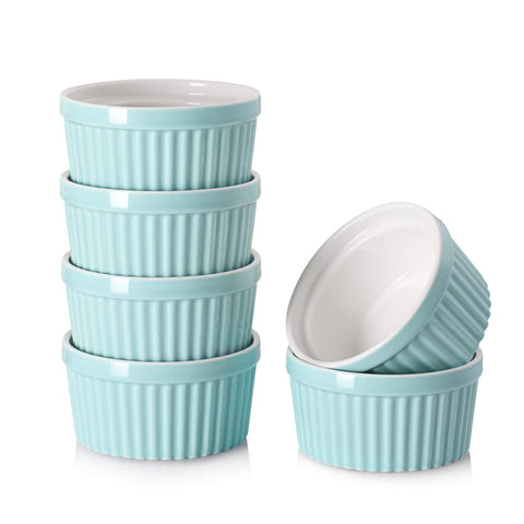 DOWAN 10 oz porcelain ramekins in blue, top view, ideal for individual portions like creme brulee.