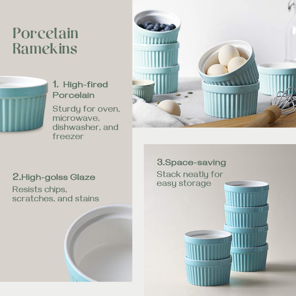 DOWAN blue ramekins 10 oz, stackable design for space-saving storage.