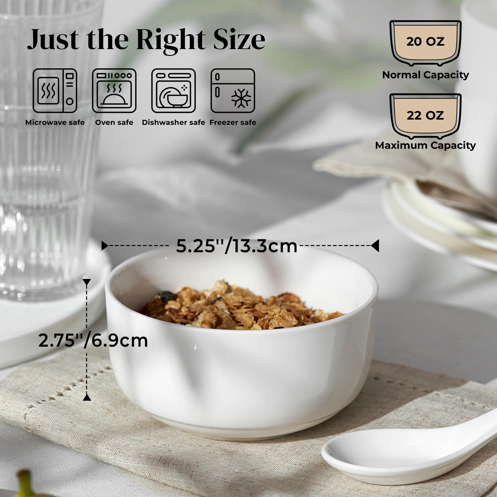 DOWAN 22 oz cereal bowls set of 6 stacked, space-saving storage