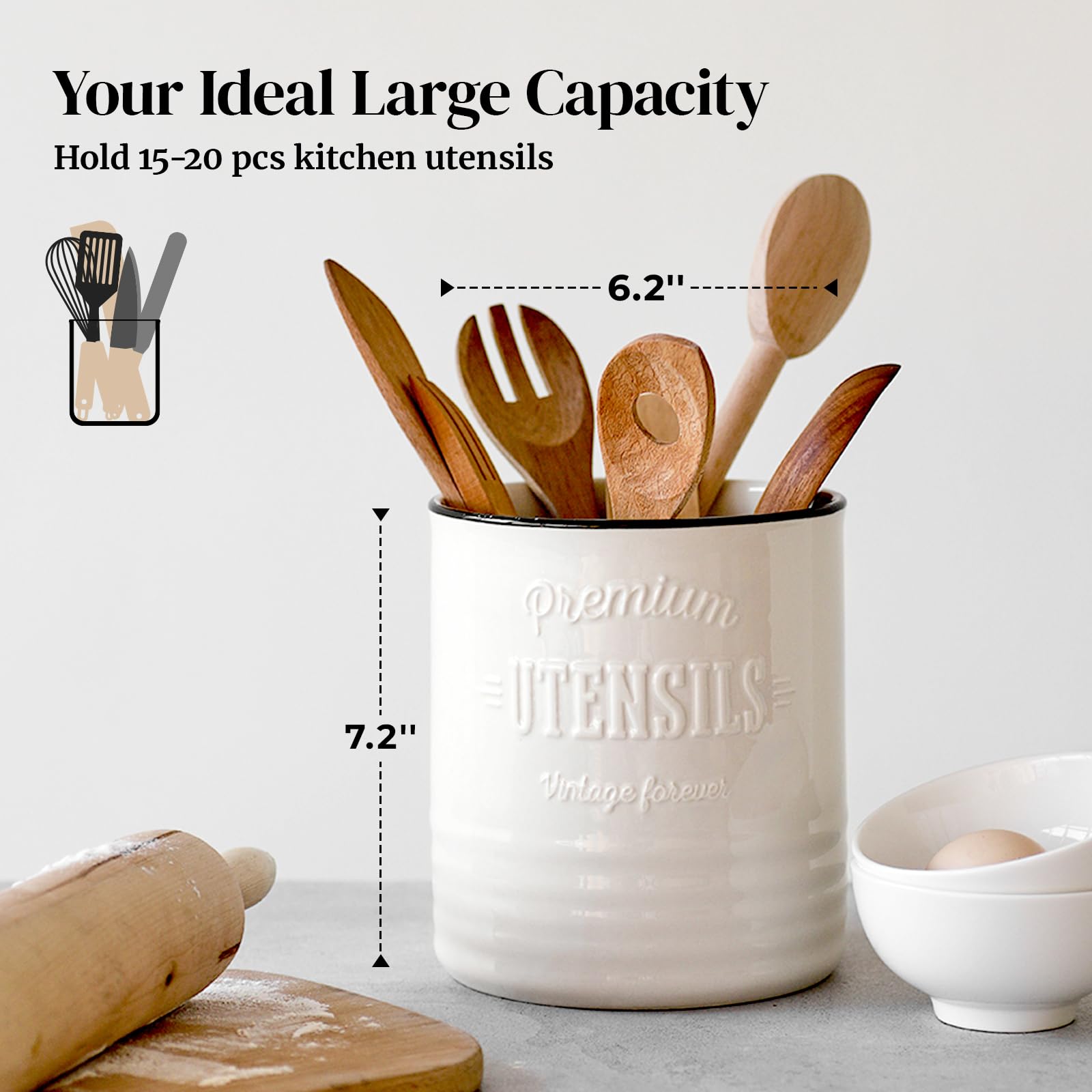 DOWAN ceramic utensil holder, top view, fits 15–20 utensils for tidy cooking prep.