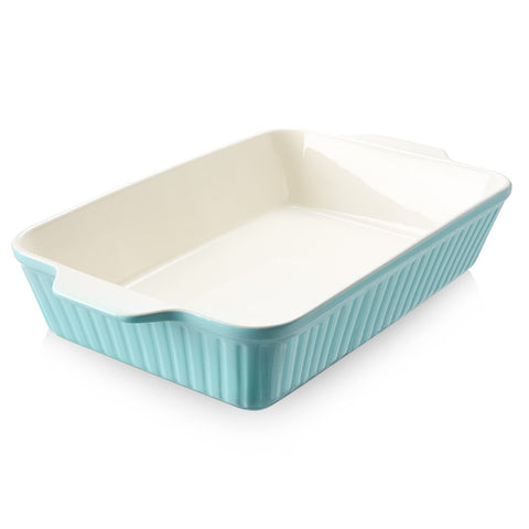 DOWAN 9x13 blue baking dish front view with sturdy handles for serving
