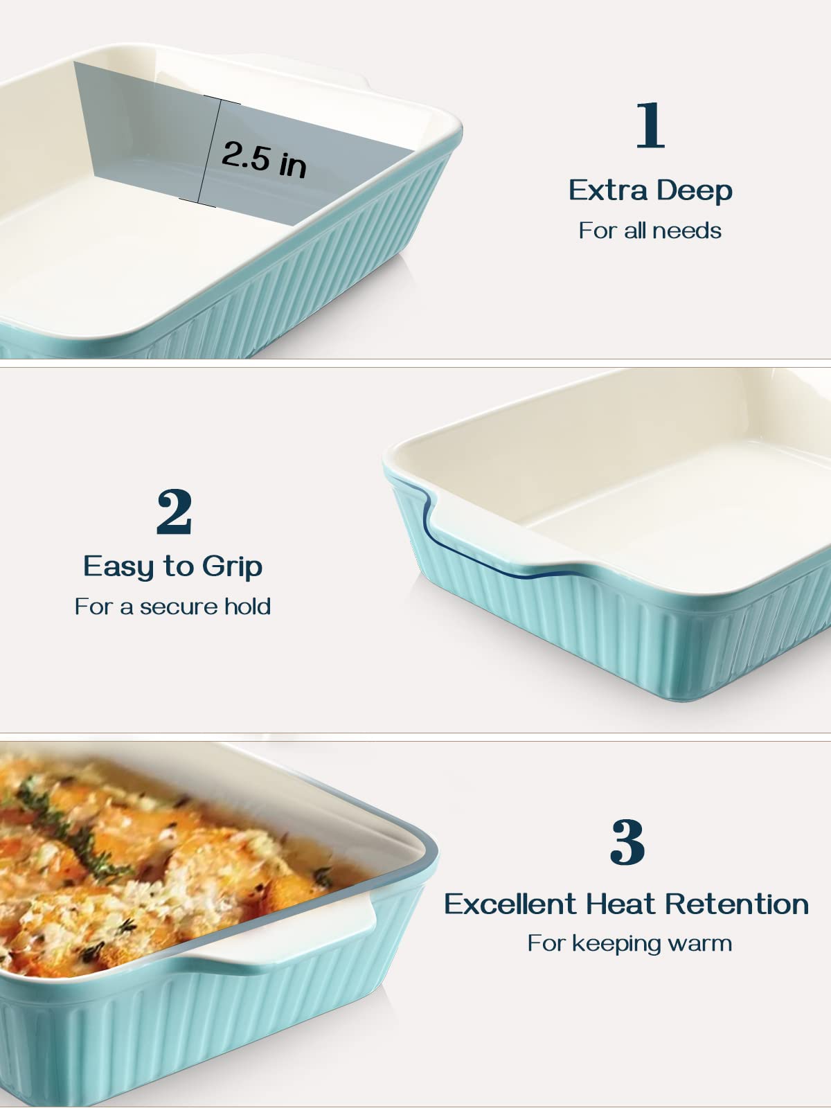 Close-up of DOWAN blue baking dish glaze for smooth cleaning