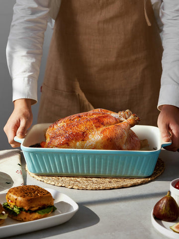 DOWAN 9x13 blue baking dish ready to serve on table