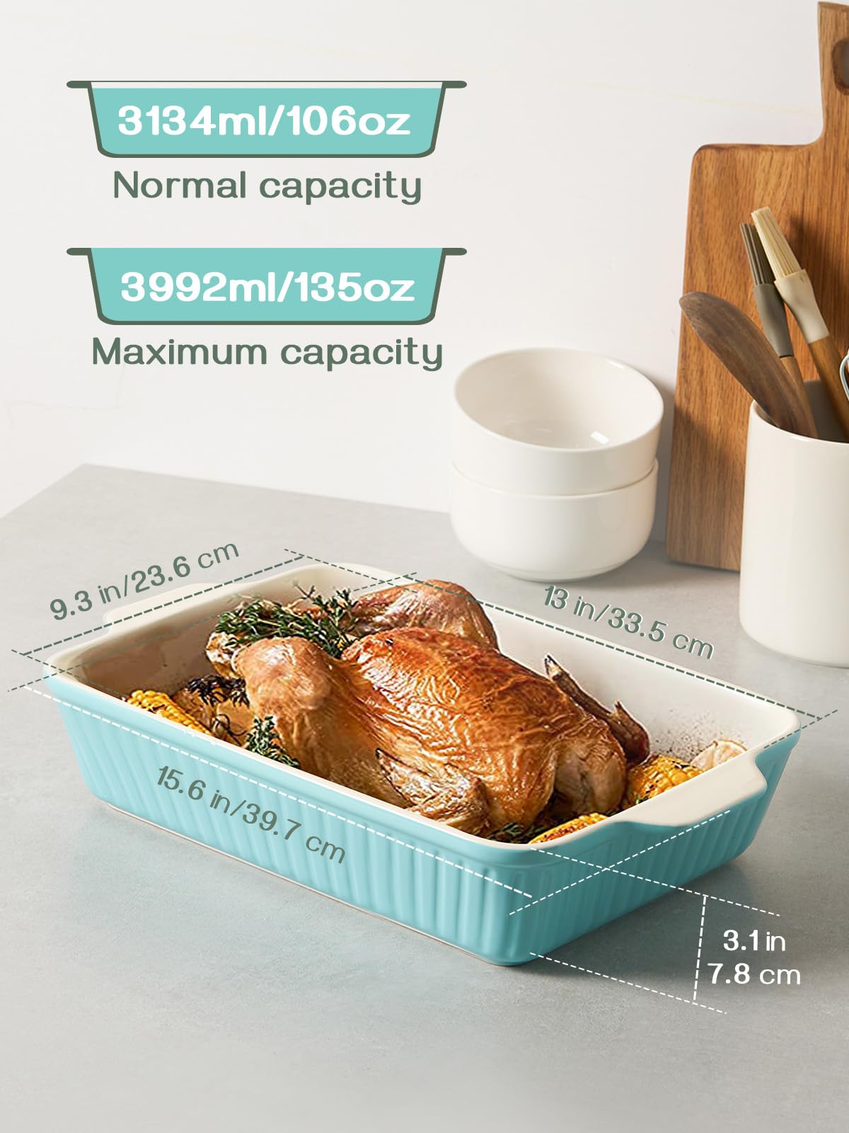 DOWAN 9x13 blue baking dish side view showing easy-to-carry handles