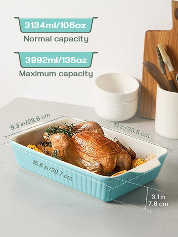 DOWAN 9x13 blue baking dish side view showing easy-to-carry handles