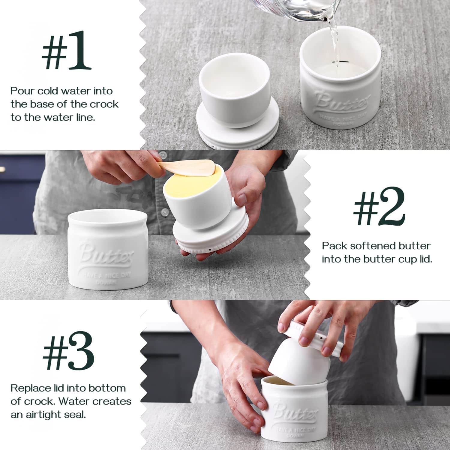 DOWAN butter crock in farmhouse style adds kitchen charm and warmth.