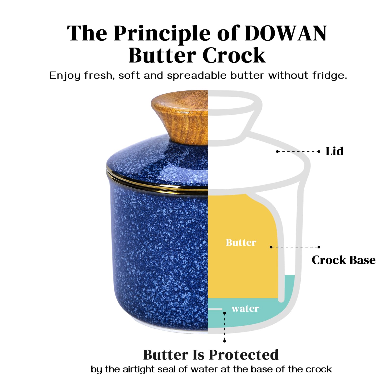 Dowan Butter Crock lid with gold ring detail adds subtle elegance