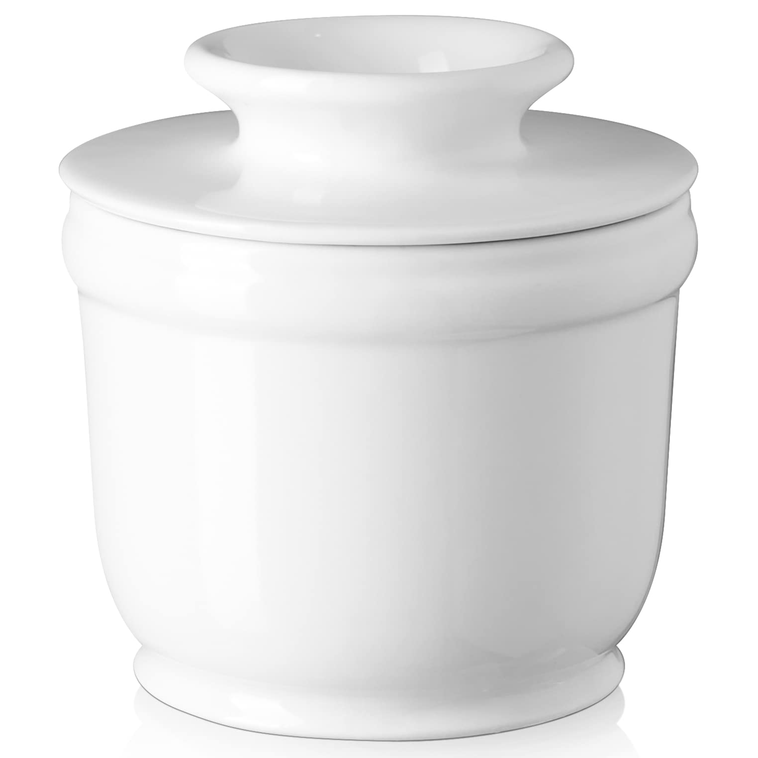 DOWAN butter crock with lid on showing clean porcelain and lid handle for easy access.