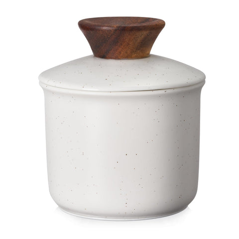DOWAN butter crock with wood lid on countertop adds rustic charm and accessibility