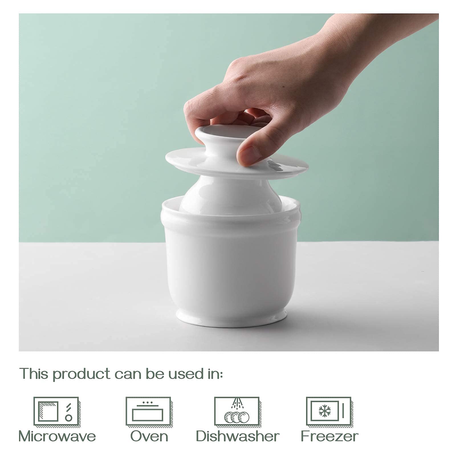 DOWAN butter crock side view on the kitchen counter for everyday use.