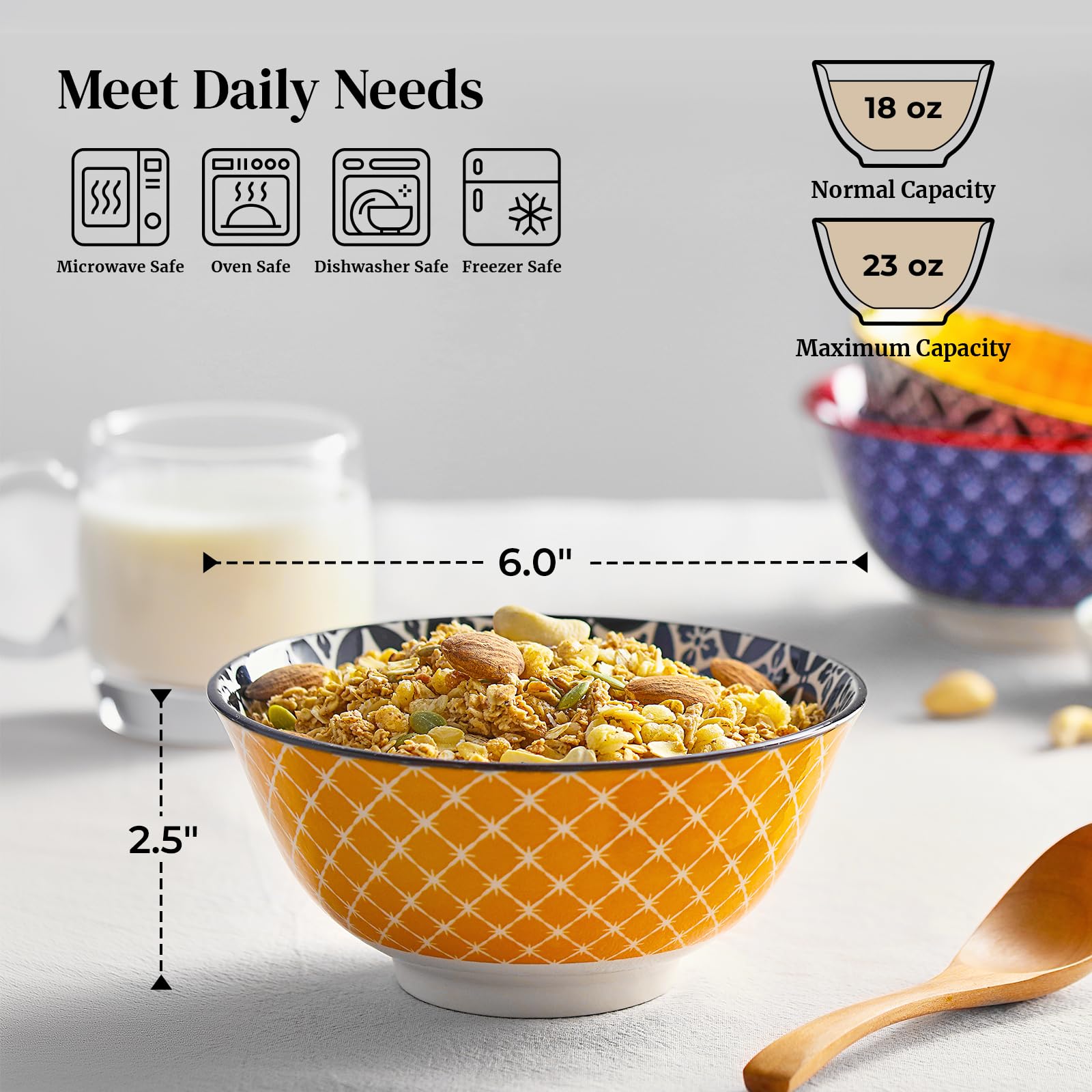 DOWAN ceramic bowls with vibrant pattern, ideal for soups and cereals at family dinners.