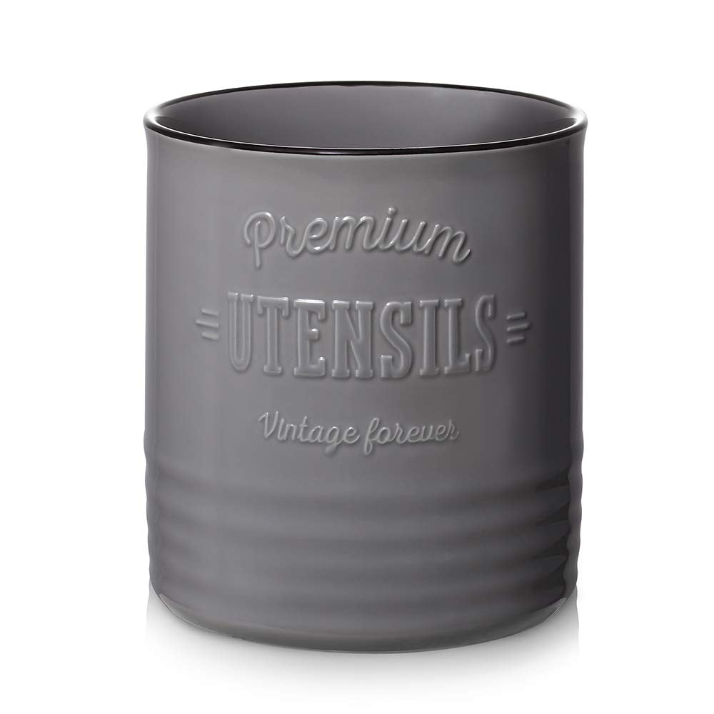 DOWAN grey ceramic utensil holder front view keeps kitchen tools organized.