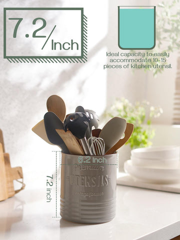 DOWAN grey utensil holder on counter enhances farmhouse decor.
