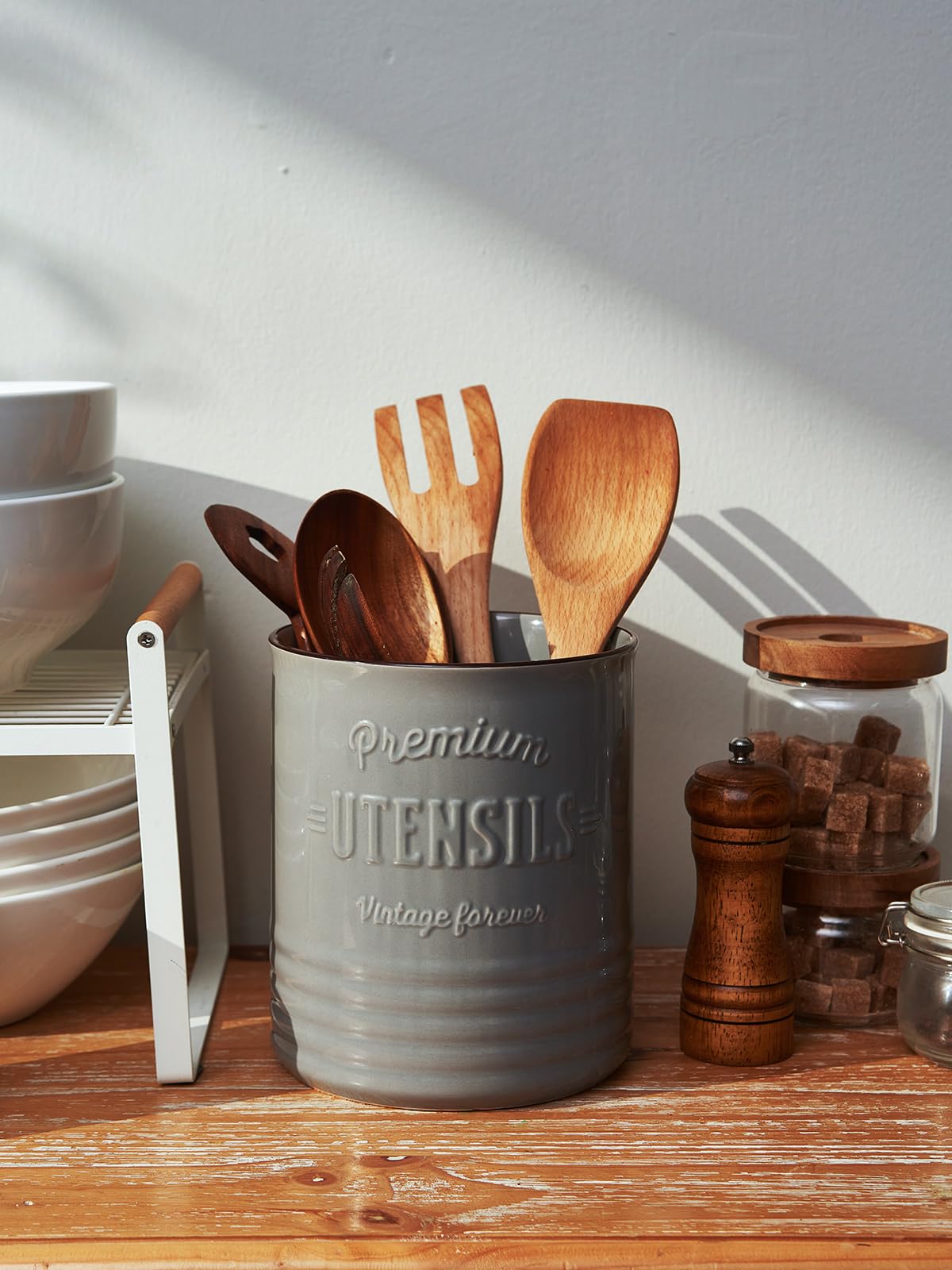 DOWAN grey ceramic utensil holder side view shows stable counter companion.