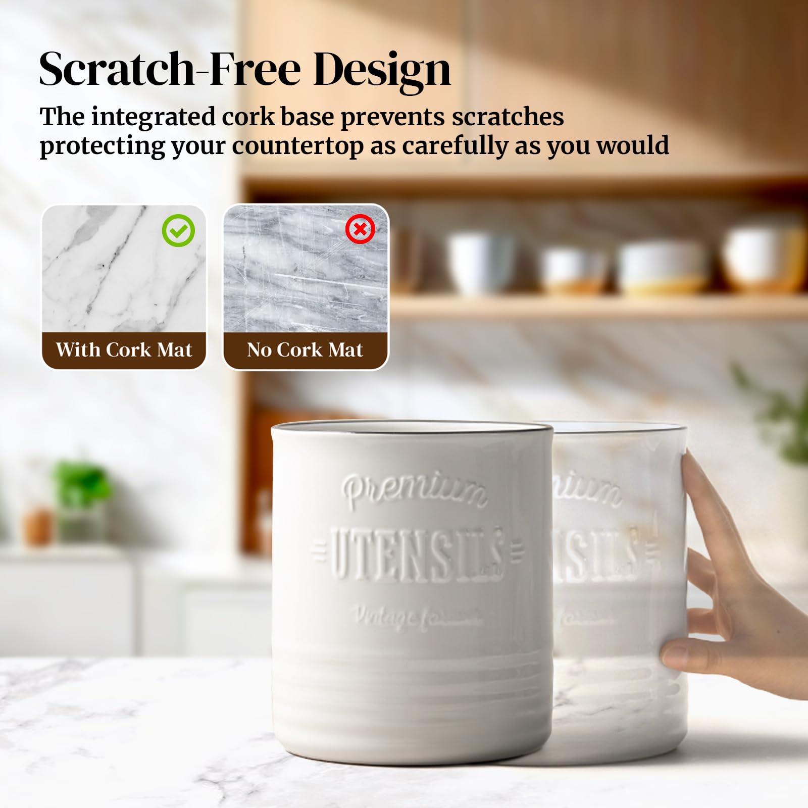 DOWAN ceramic utensil holder with cork mat base, protects countertops on counters.
