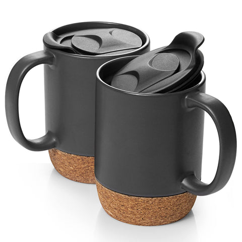 DOWAN 15oz matte grey coffee mug with cork base protects surfaces while adding warm style.
