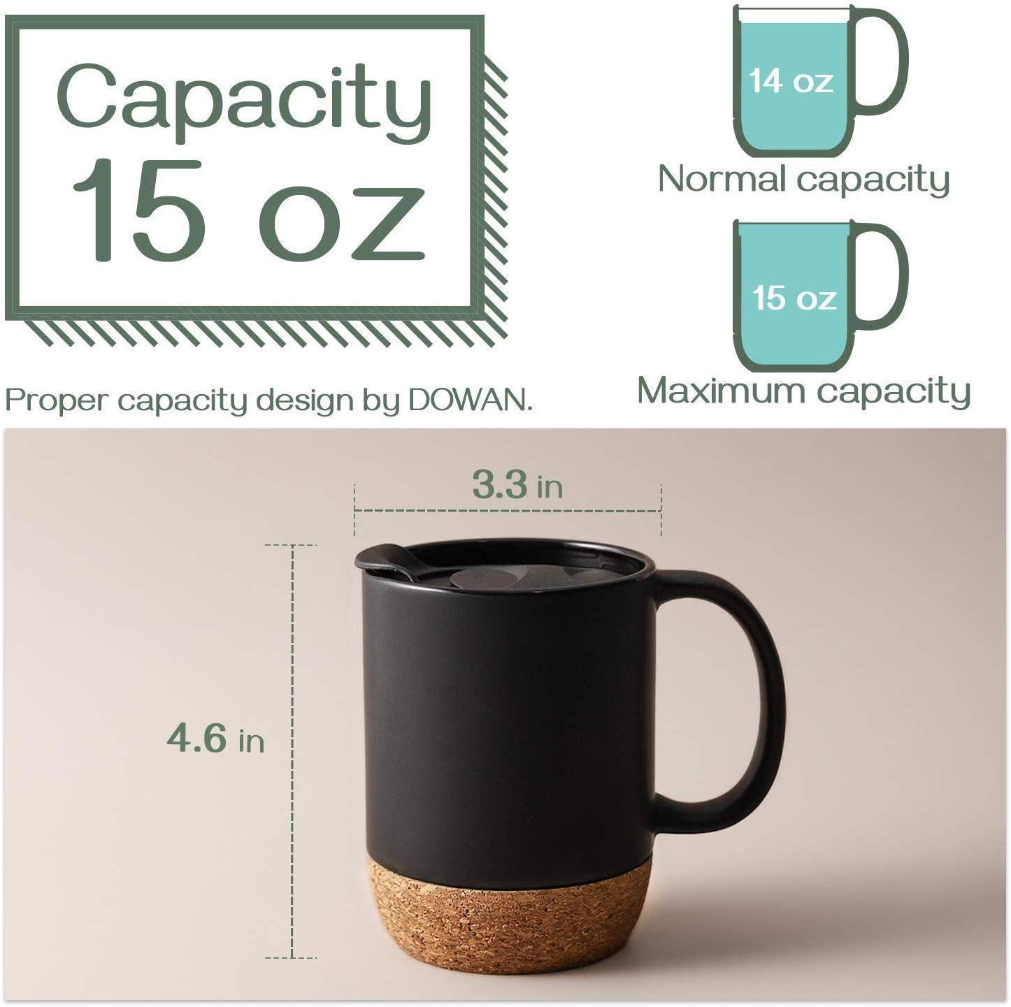 DOWAN cork base mug showcases natural texture and prevents sliding on tabletops.