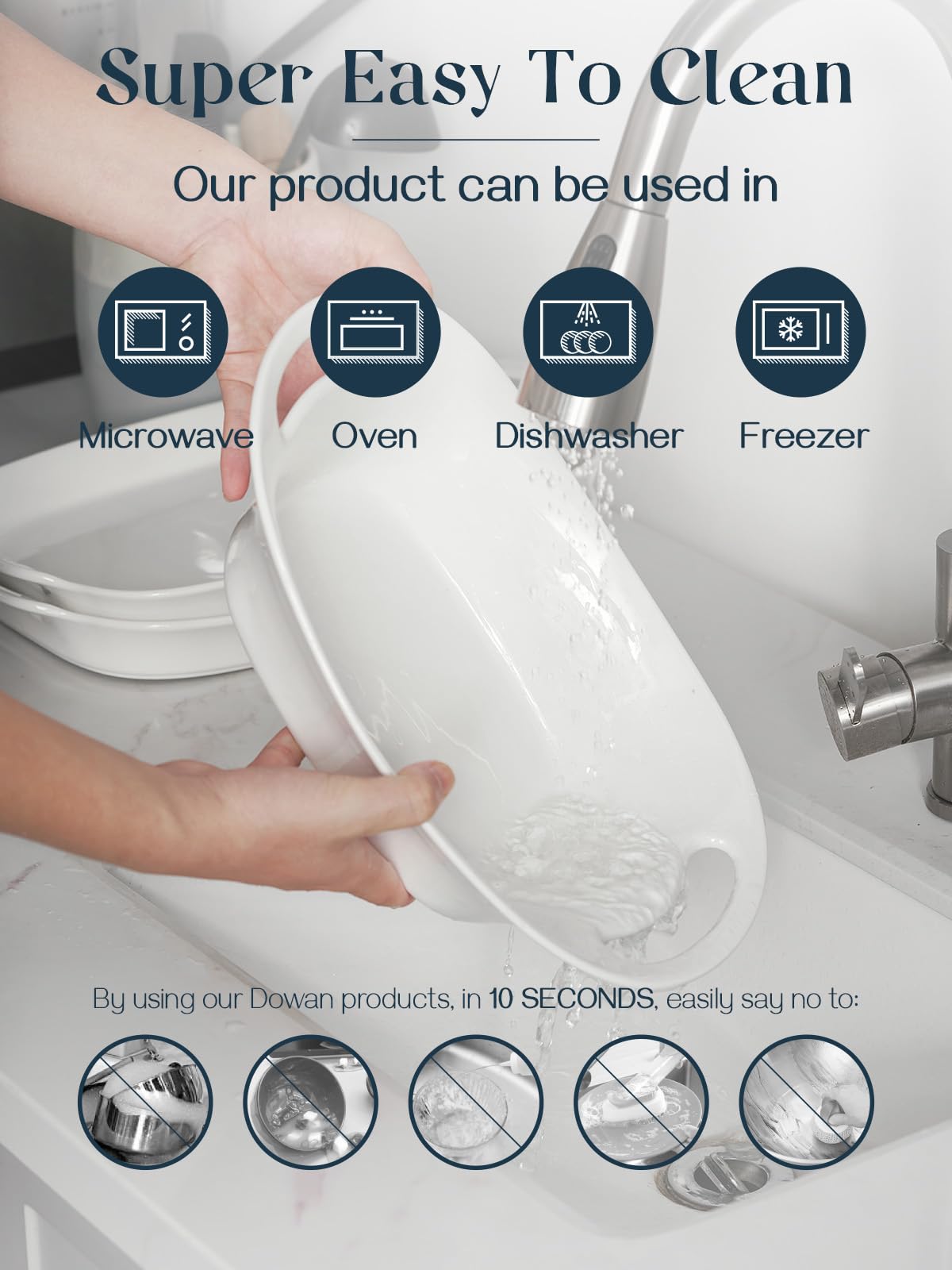 DOWAN bowls that are dishwasher, microwave, oven, and freezer safe for flexible use.