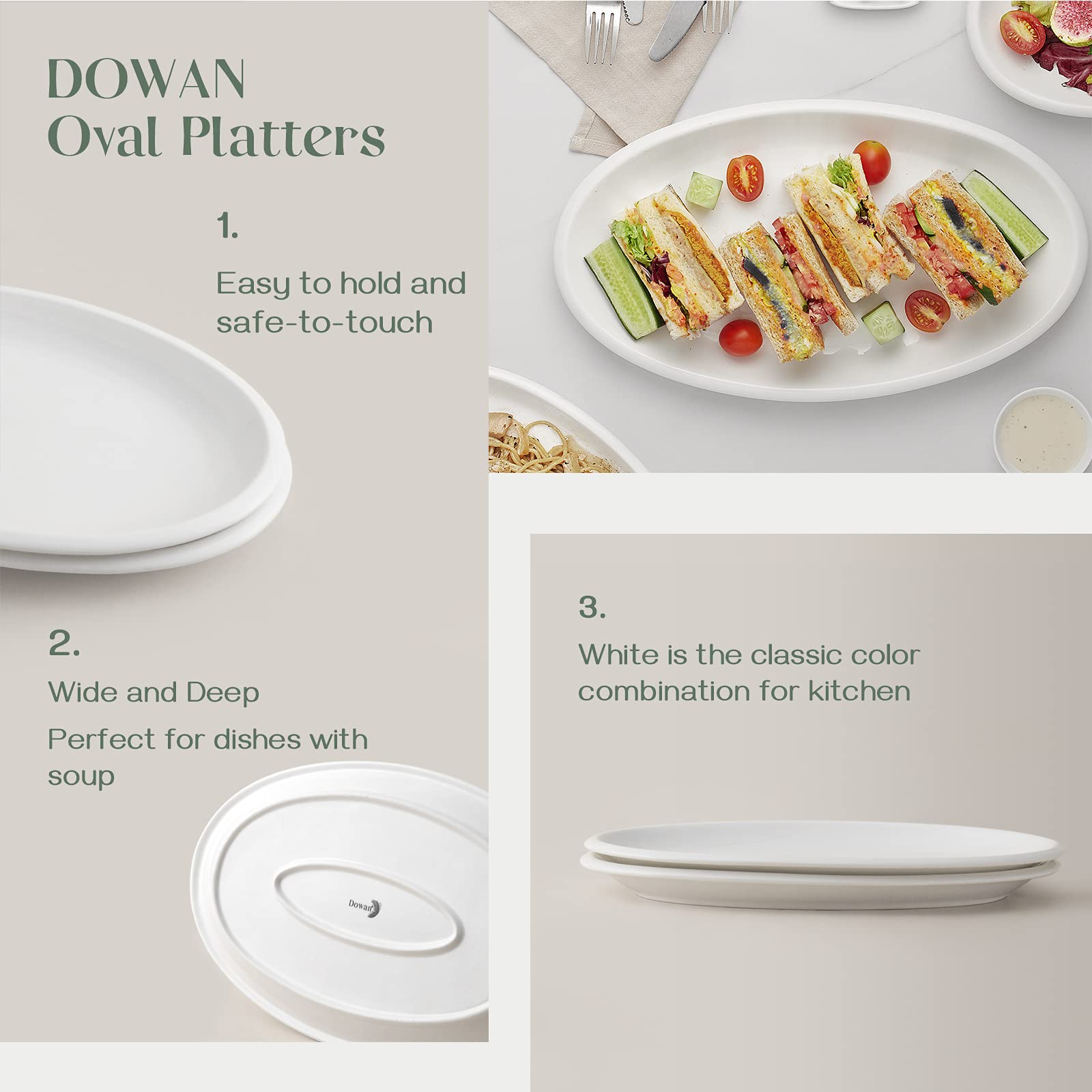 DOWAN dishwasher-safe white platter for easy cleanup.
