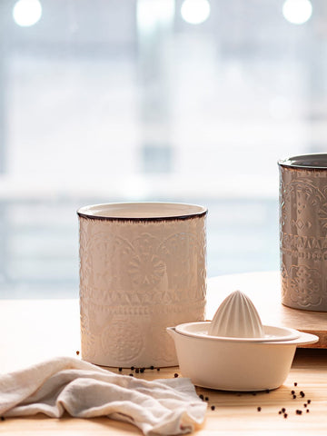 Dowan farmhouse-style detailing enhances decor with a durable, stylish utensil crock.