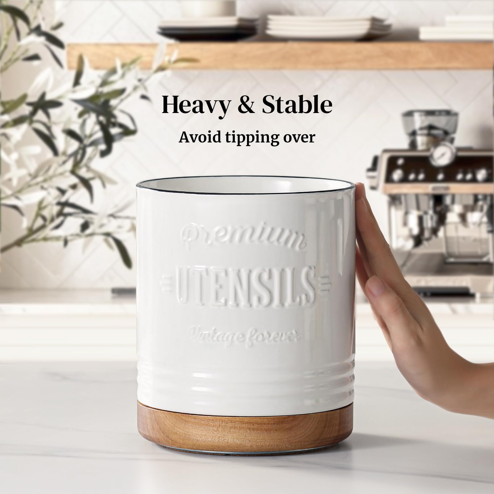 DOWAN farmhouse-style utensil holder complements decor on the countertop.