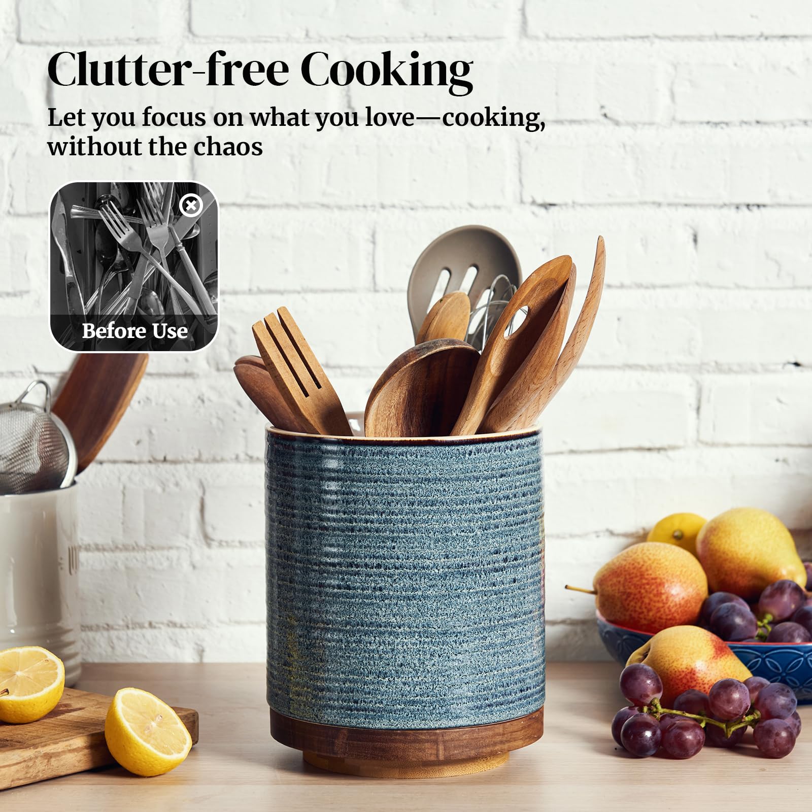 DOWAN blue ceramic utensil holder enhances farmhouse kitchen decor on counters.