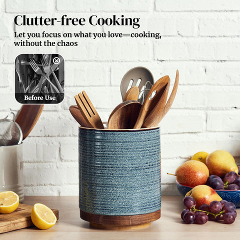 DOWAN blue ceramic utensil holder enhances farmhouse kitchen decor on counters.
