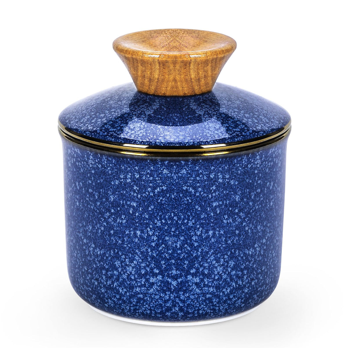 Dowan French Butter Crock with blue glaze and lid keeps butter fresh at room temperature