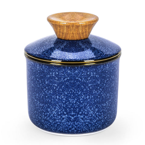 Dowan French Butter Crock with blue glaze and lid keeps butter fresh at room temperature