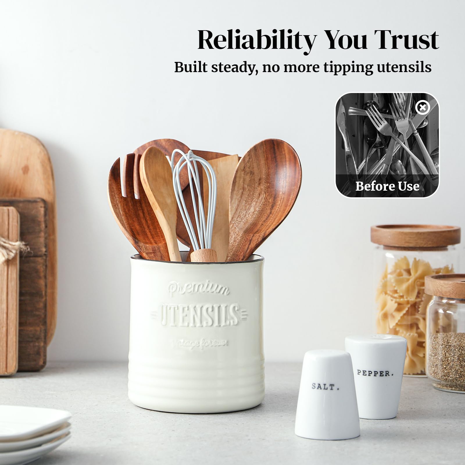 DOWAN large-capacity utensil holder on a busy kitchen counter.