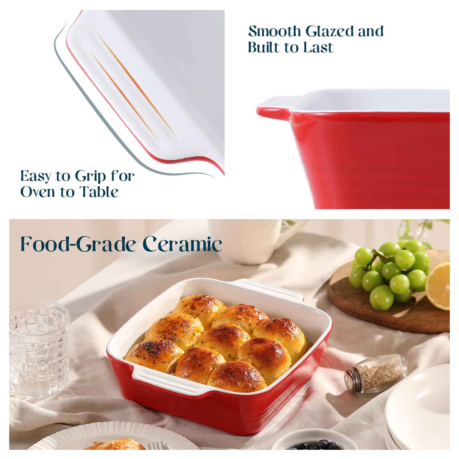DOWAN red casserole on table, designed for serving family portions.