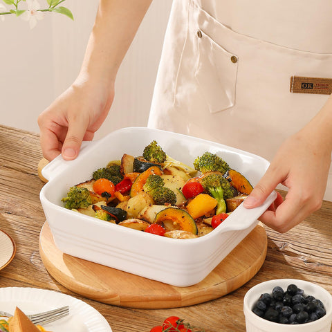 DOWAN ceramic bakeware in an oven-to-table setting illustrating convenient serving.