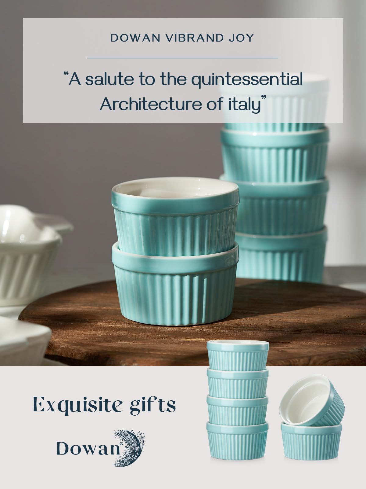 Dowan porcelain bakeware ramekins suitable for sauces, quiches, and more.