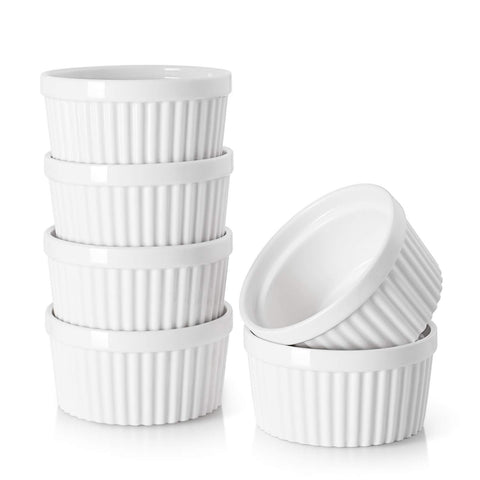 DOWAN 4 oz ramekins for crème brûlée in oven-safe porcelain, ideal for single portions.