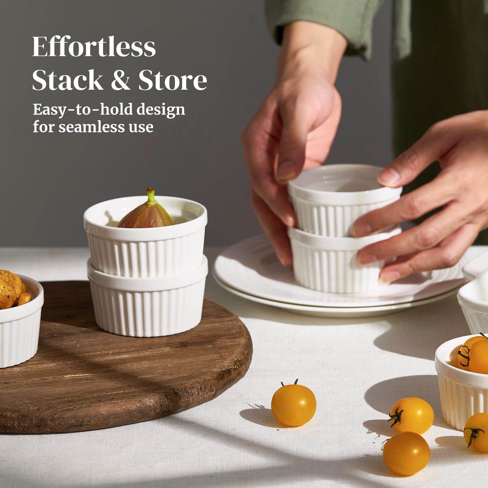 DOWAN soft-white glaze on ramekins adds a polished look.
