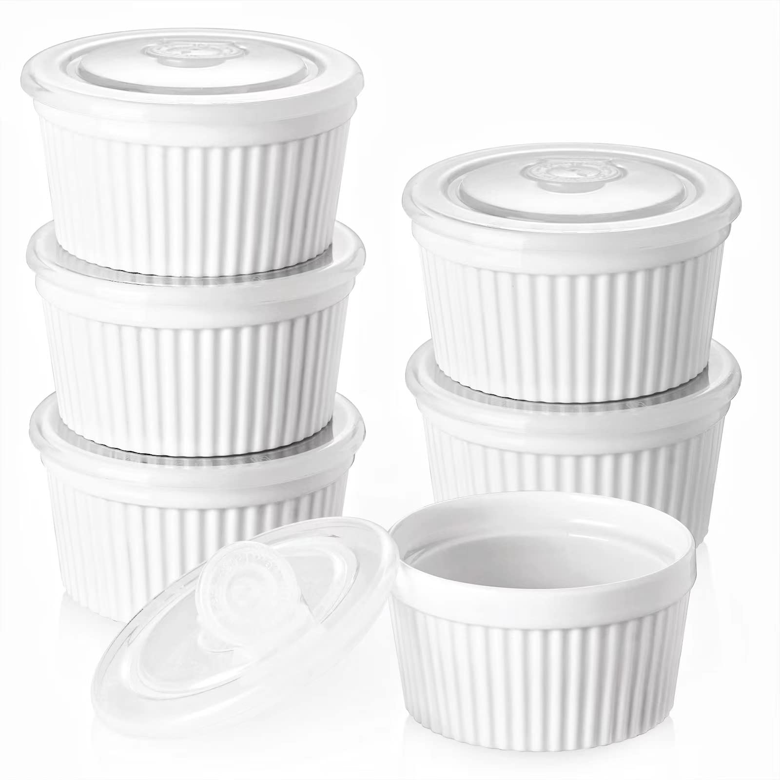 DOWAN ramekins with lids—6 oz porcelain, oven-safe, ideal for individual portions and leftovers.