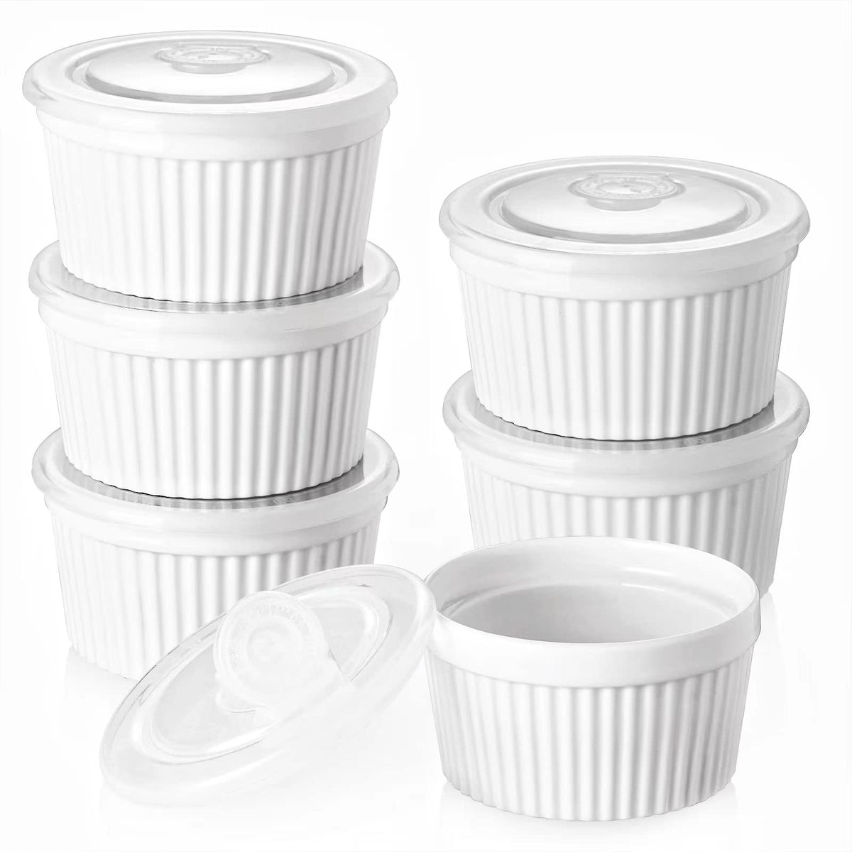 DOWAN ramekins with lids—6 oz porcelain, oven-safe, ideal for individual portions and leftovers.