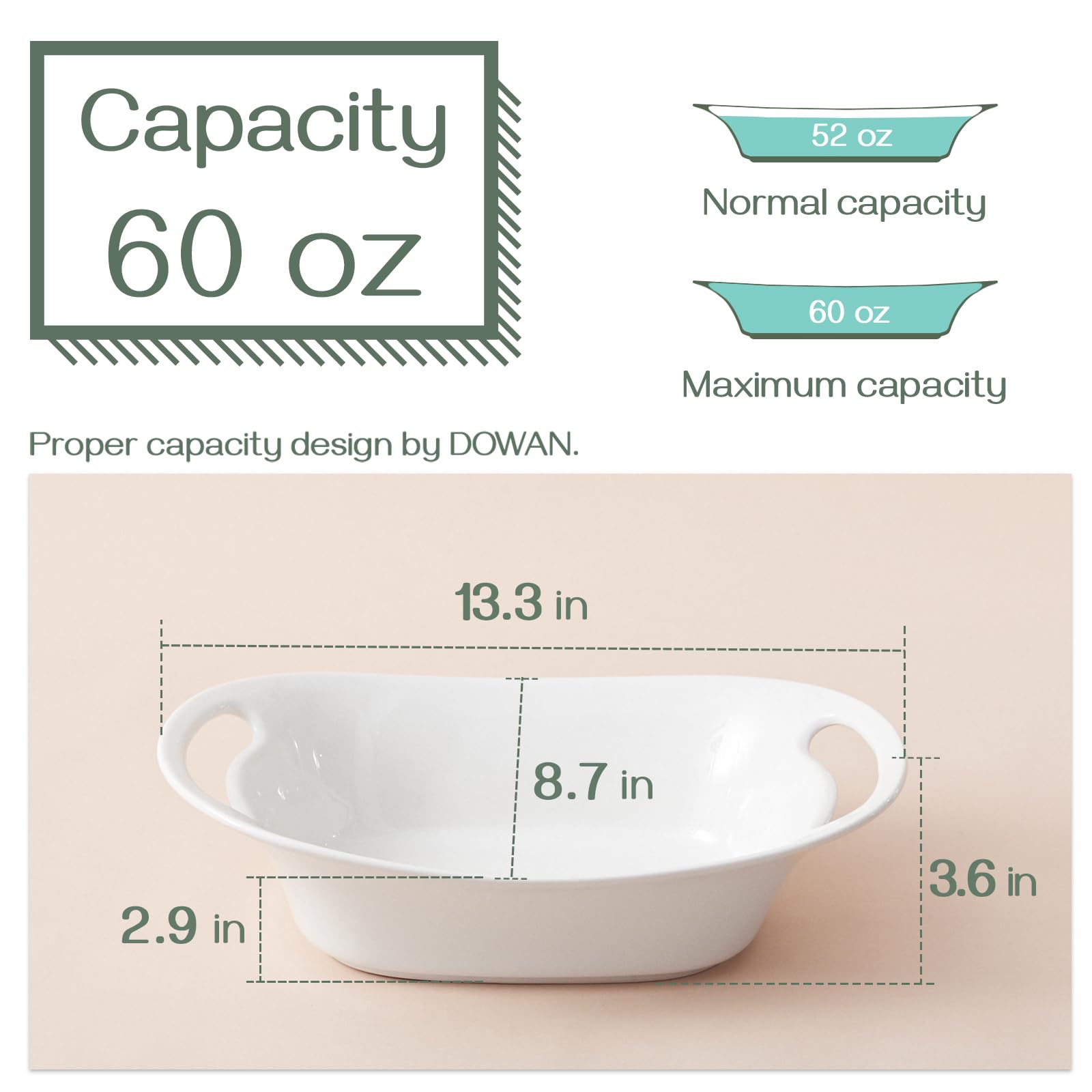 DOWAN soft white porcelain bowls with 60 oz capacity for family meals.