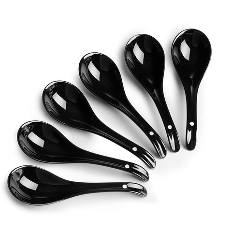 DOWAN ceramic soup spoon with deep oval hook black, top view for ramen service