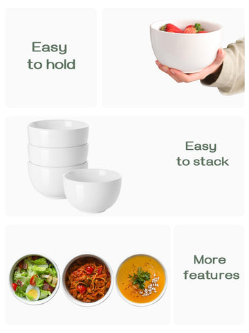 DOWAN stackable porcelain bowls save cabinet space and reduce clutter.