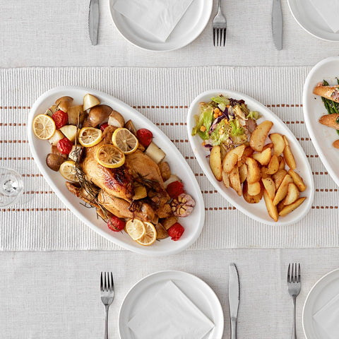DOWAN stackable porcelain platter saves cupboard space for gatherings.